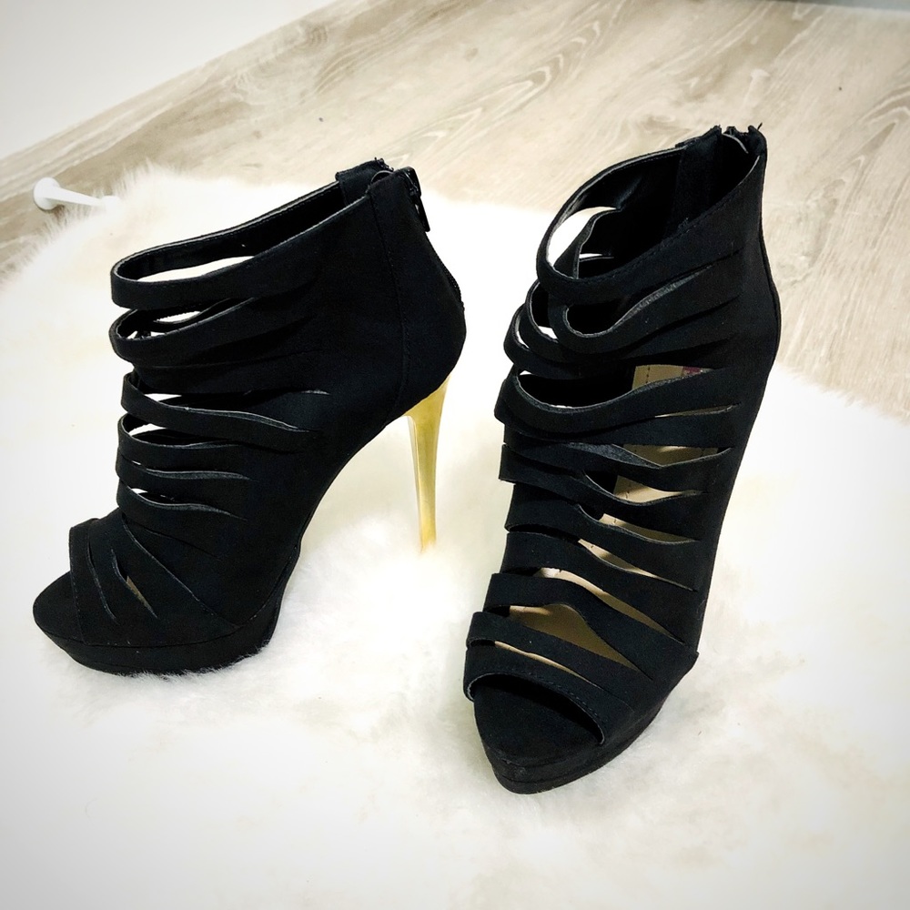 Sexy Black / Gold High Heel Strappy Booties - 6.5